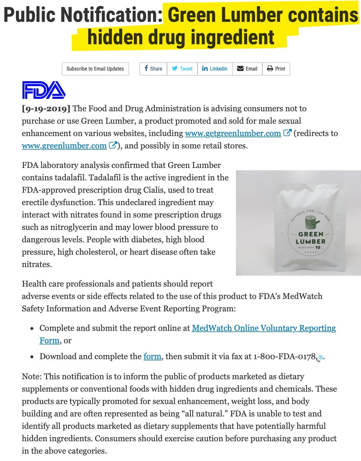 FDA document - Green Lumber contains hidden drug ingredient