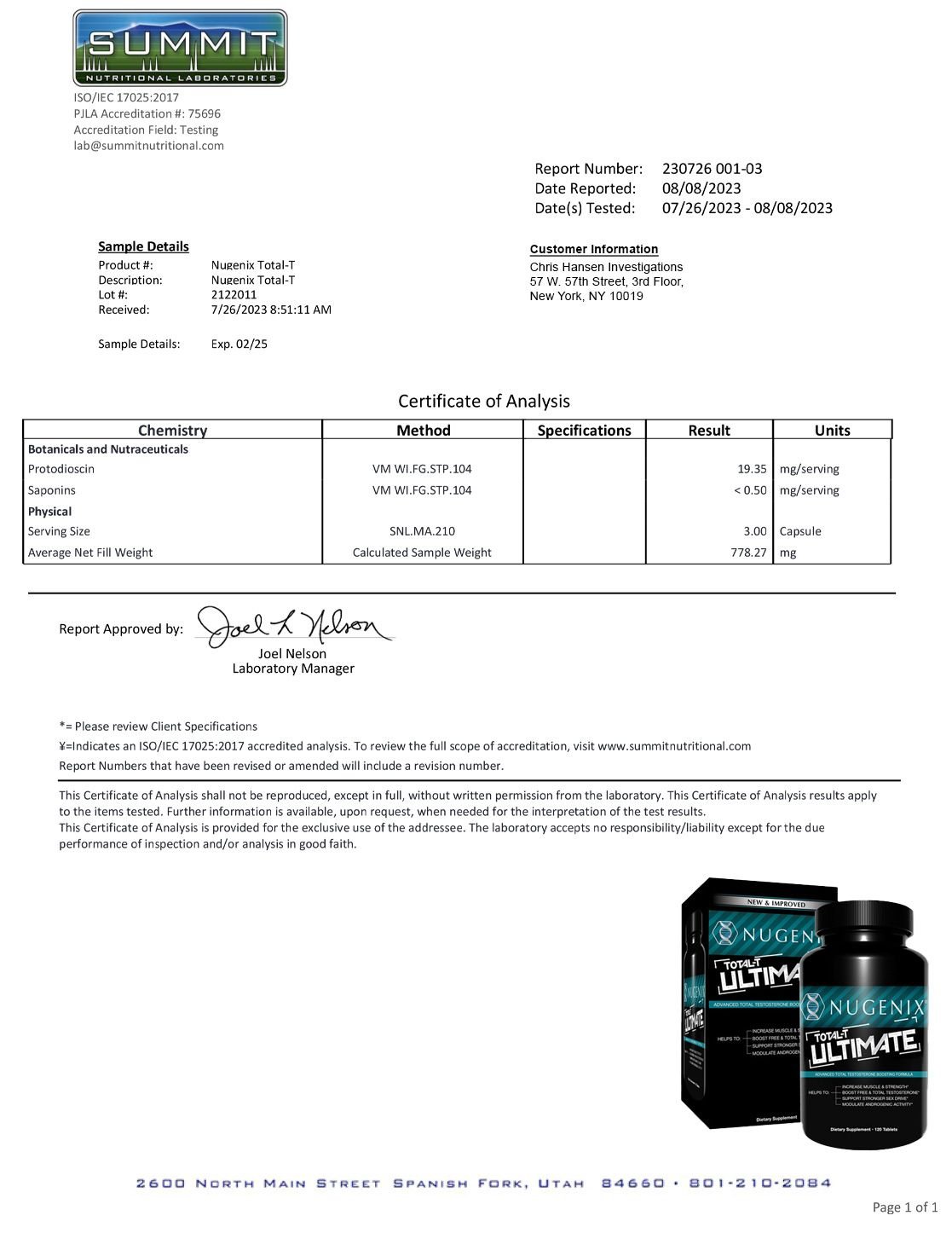 lab report: Nugenix Total-T