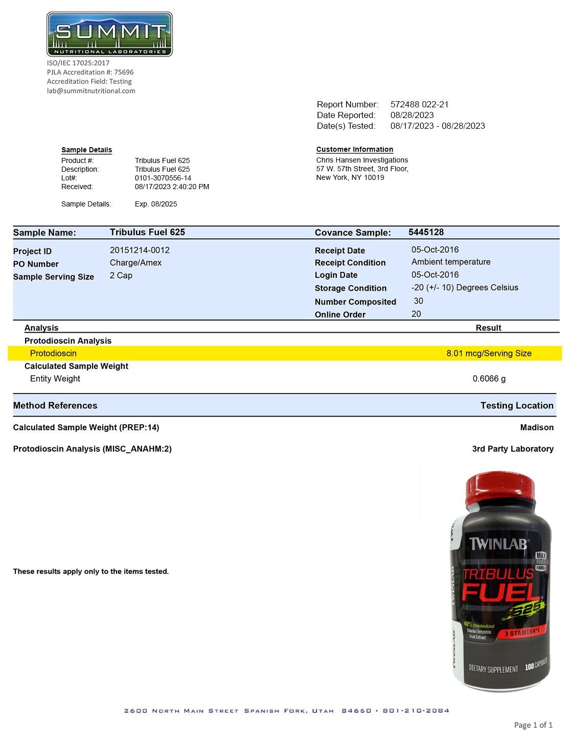 lab report: Tribulus Fuel 625