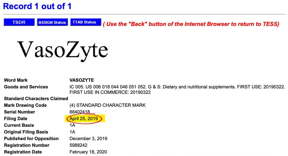 VasoZyte trademark application